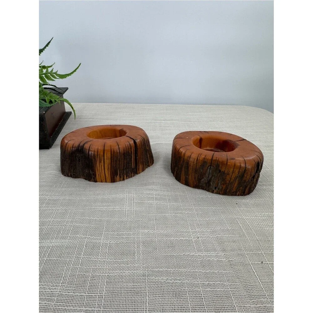 Vintage Hand Turned Natural Wood Log Votive Candle Holders Rustic Cabin Decor